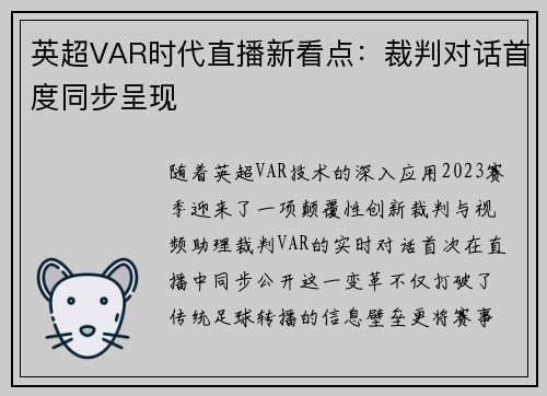 英超VAR时代直播新看点：裁判对话首度同步呈现